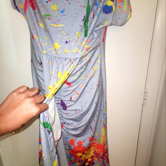 Splatter print ruched asymmetrical hem wrap dress - Picture 2 of 5